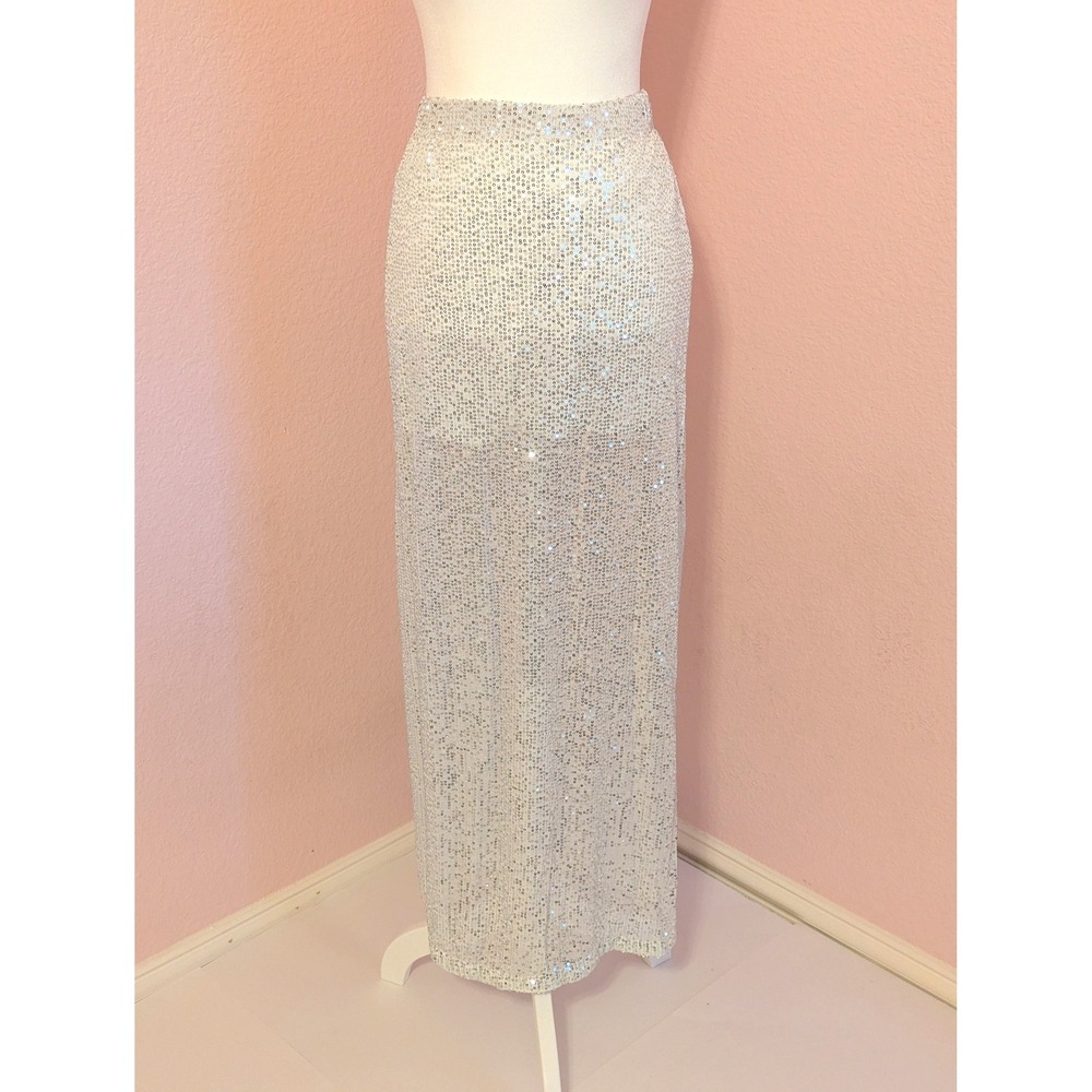 White Silver Sequin Mesh Maxi Skirt Elastic Waist Sparkly Party Womens M